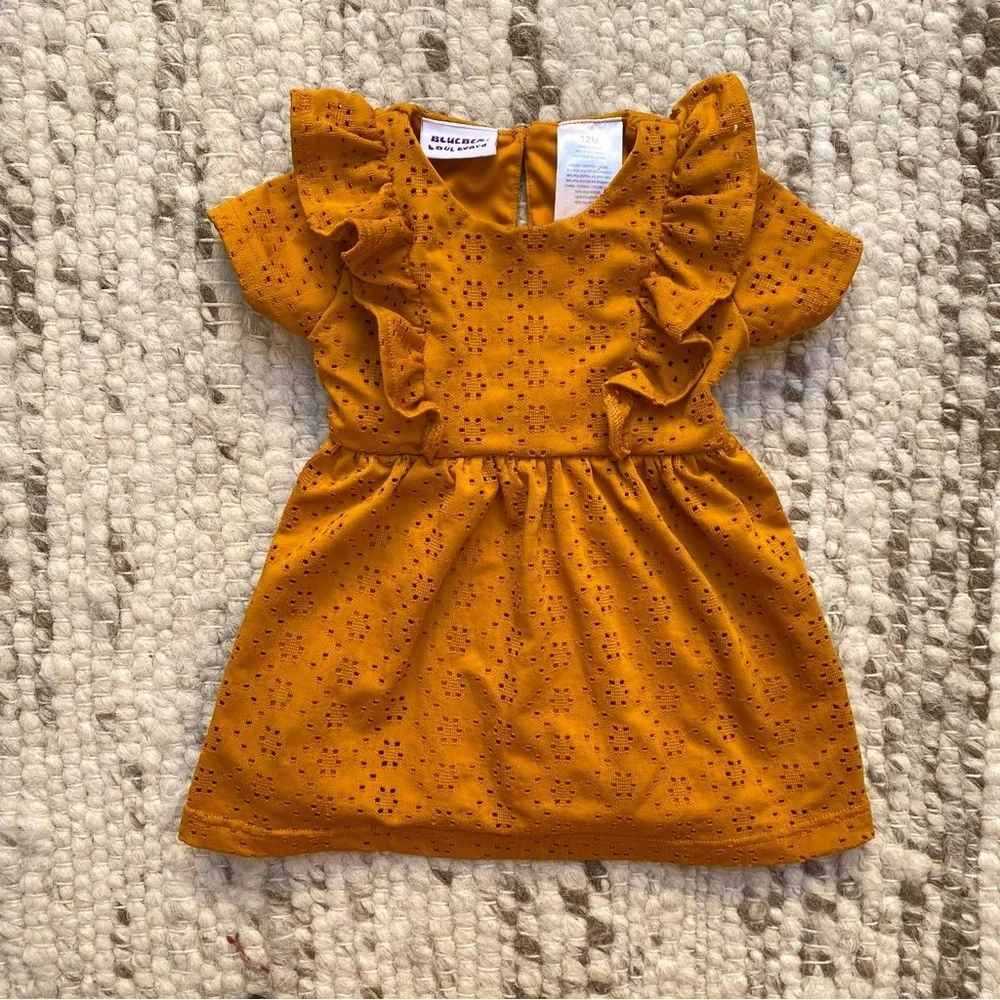 Blueberi Boulevard Eyelet Flutter Dress in Mustard, Size 12M